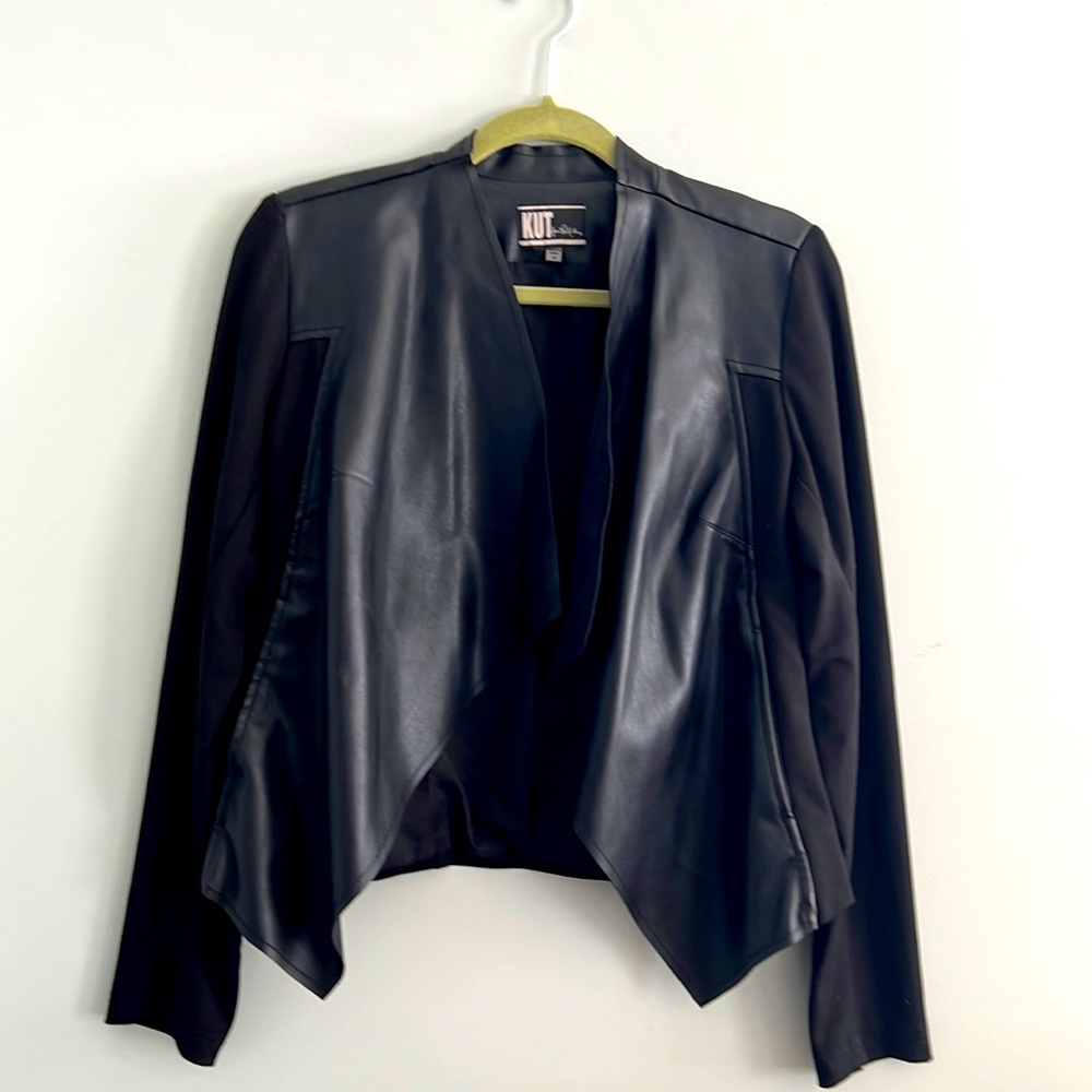 KUT from the Kloth black faux leather “biker” blazer with pockets!